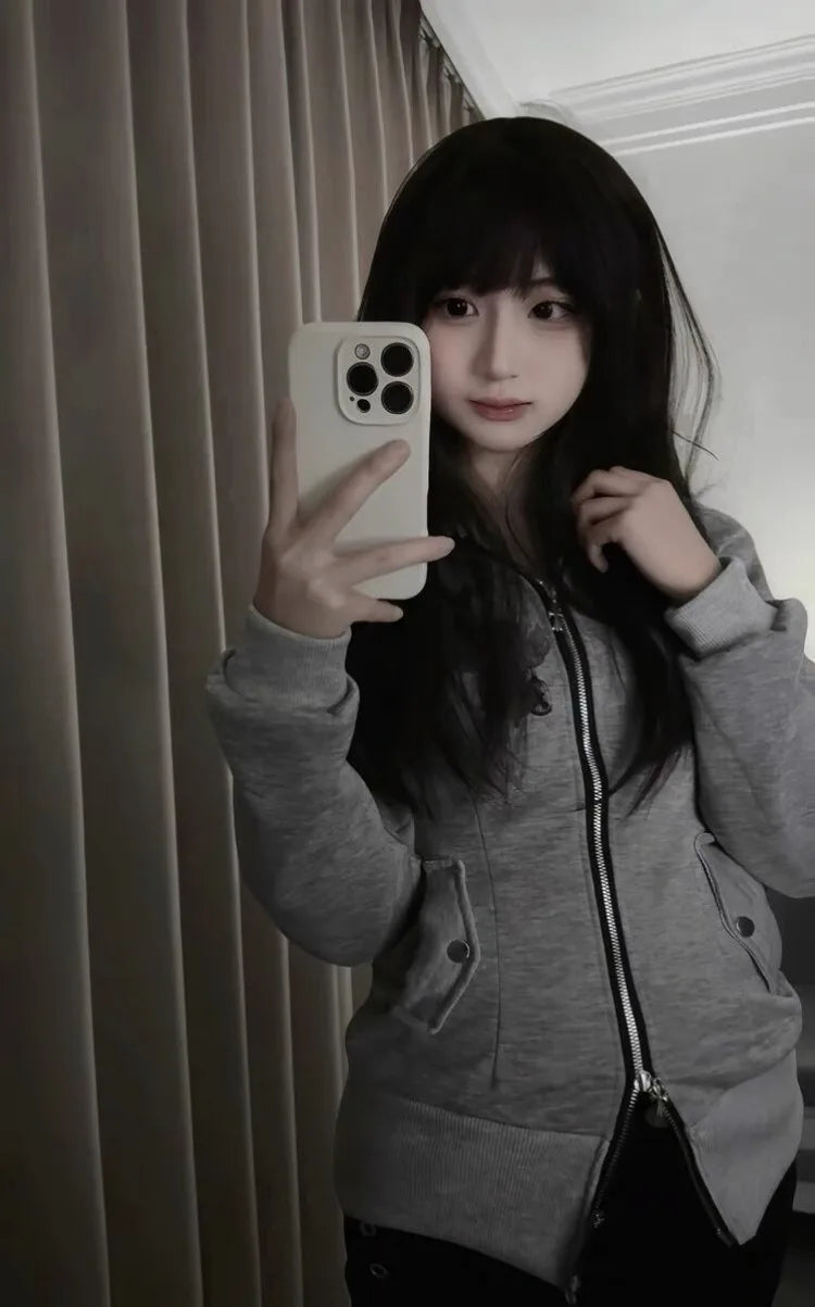 Y2k Aesthetic Vintage Printing Pocket Hoodies Gothic Fairy Grunge Hooded Jackets Autumn Women Double Zippers Punk Sweatshirt