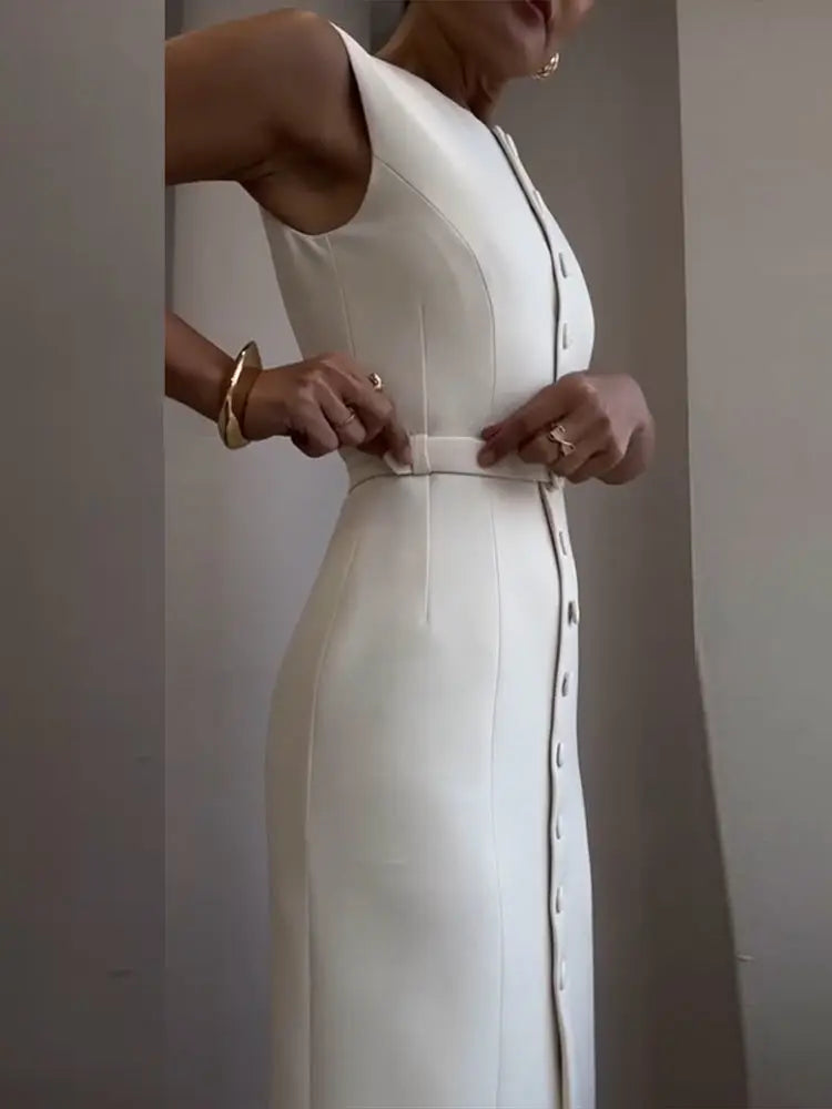 Women Long Dress Summer Casual Simple Solid Sleeveless Round Neck Single Breasted Dresses Nipped Waist Lace Up Robe Office