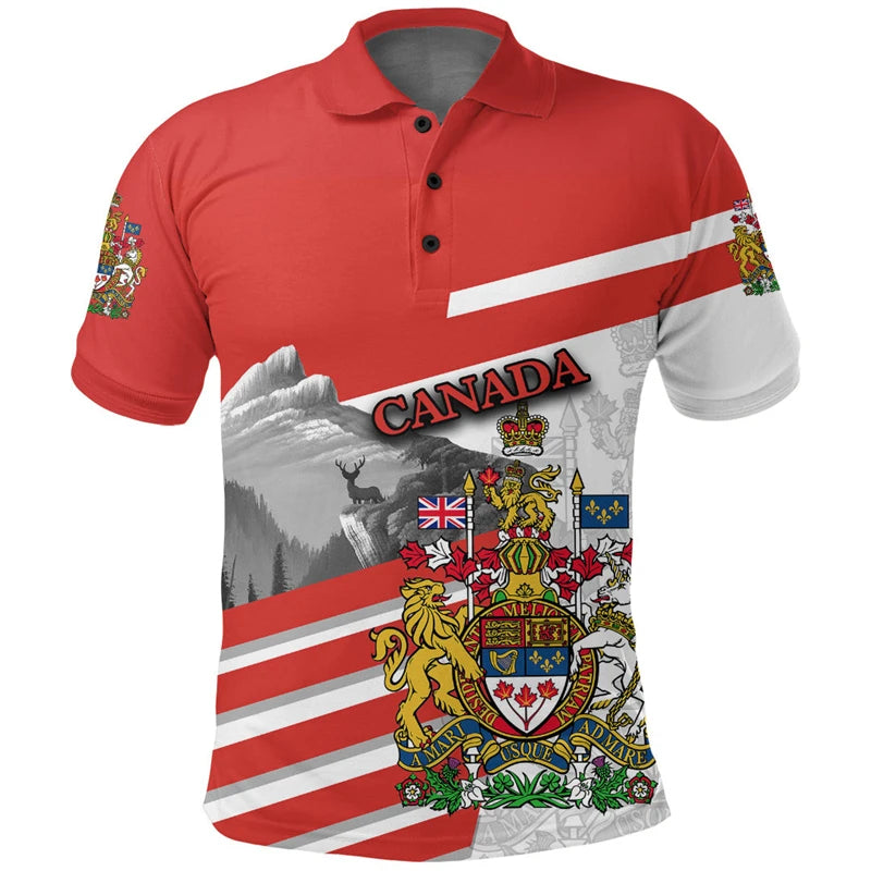 T-shirt Men Clothing Polo Shirts Street Canada Flag Print Casual Short Sleeve Tops Shirt Newest Lapel Zipper Tees Clothing 2024