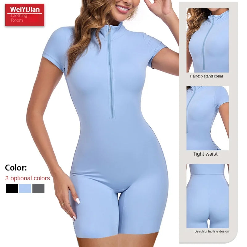 Sports Outdoor Women's Sportswear Cross-Border Summer Thin Women's One-Piece Shapewear with Zipper Shorts Yoga Wear