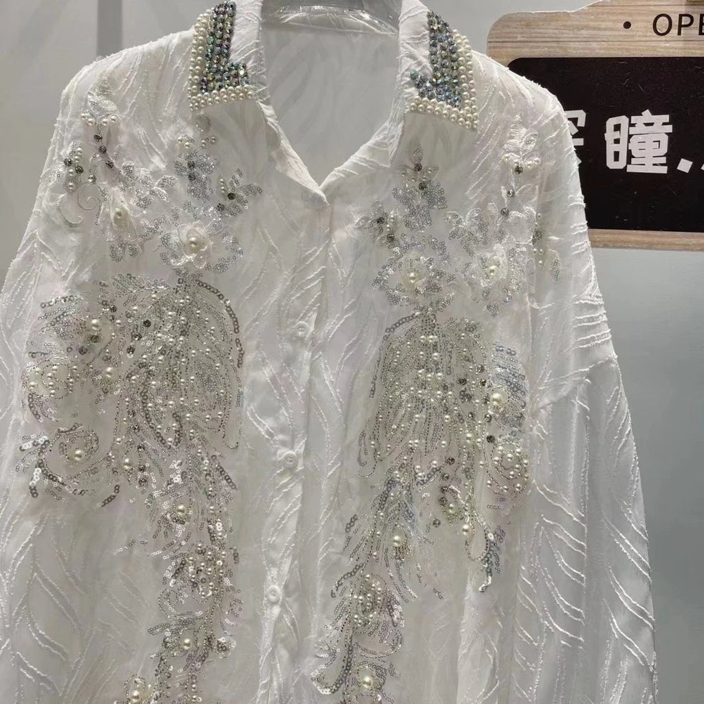 Luxury Diamonds Sequined Embroidery Blouses Shirts Women 2026 Spring New Long Sleeve Shirts Fashion Causal Tops Camisas De Mujer