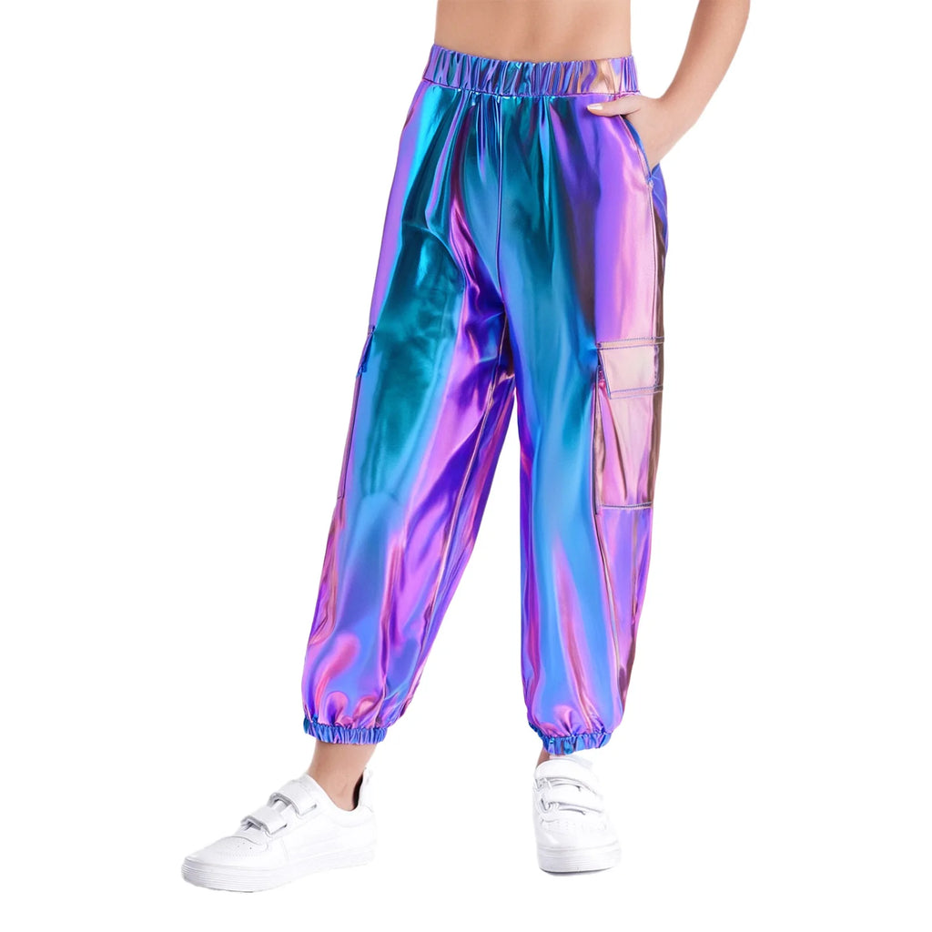 Kids Boys Girls Metallic Shiny Cargo Pants Fashion Children Holographic Trousers Teens Hip-Hop Pants Street Jazz Dance Costume