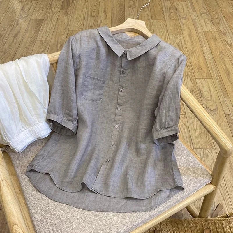 Large Size Summer Cotton Linen Set for Mom Casual Faionable Belly Covering Two Piece Suit ort Sve  Collar Button up