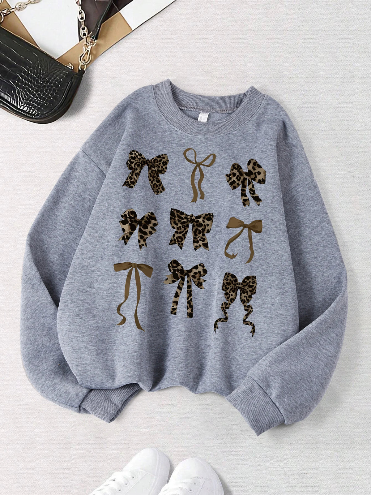 Retro Leopard Print Bow Printed Women Hoodies All-Match Comics Hoody Fleece Casual Clothes Street Hip Hop Pullover Woman