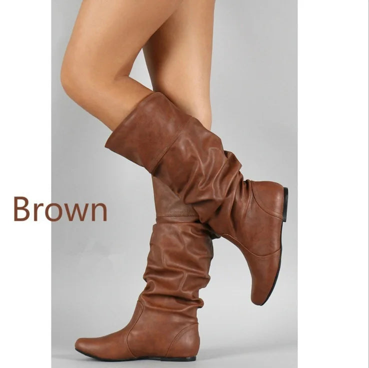 Women's Boots Fashion Designer Pleated Casual Leather Boots 2025New Women Knee High Boot Outdoor Non Slip Flat Boots Botas Mujer
