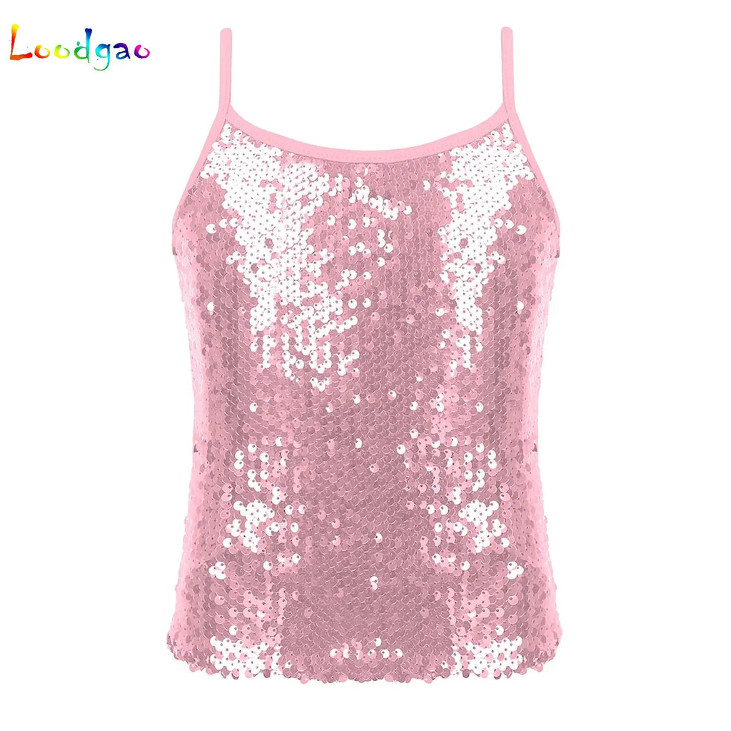 Kid Girl Sparkly Sequin Camisole Hip Hop Jazz Dance Tank Tops Spaghetti Straps Workout Gymnastics Vest Shirt Performance Costume