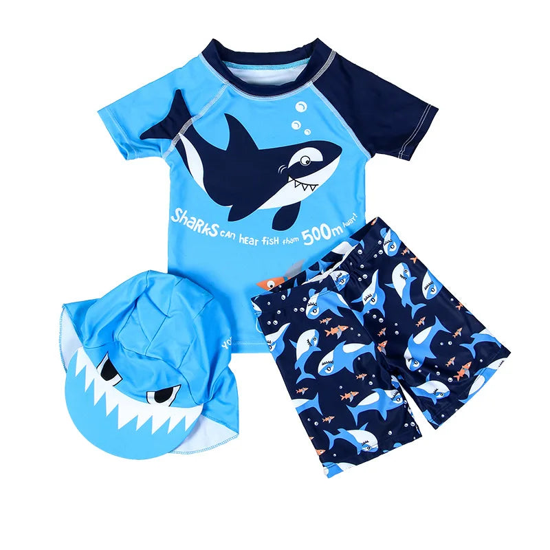 1-7Y Kids Boys Two-Piece Swimsuit Swimwear Toddler Bathing Suit Beachwear Shark Style Top Boyshort 3D Sunhat 3pcs/set Blue