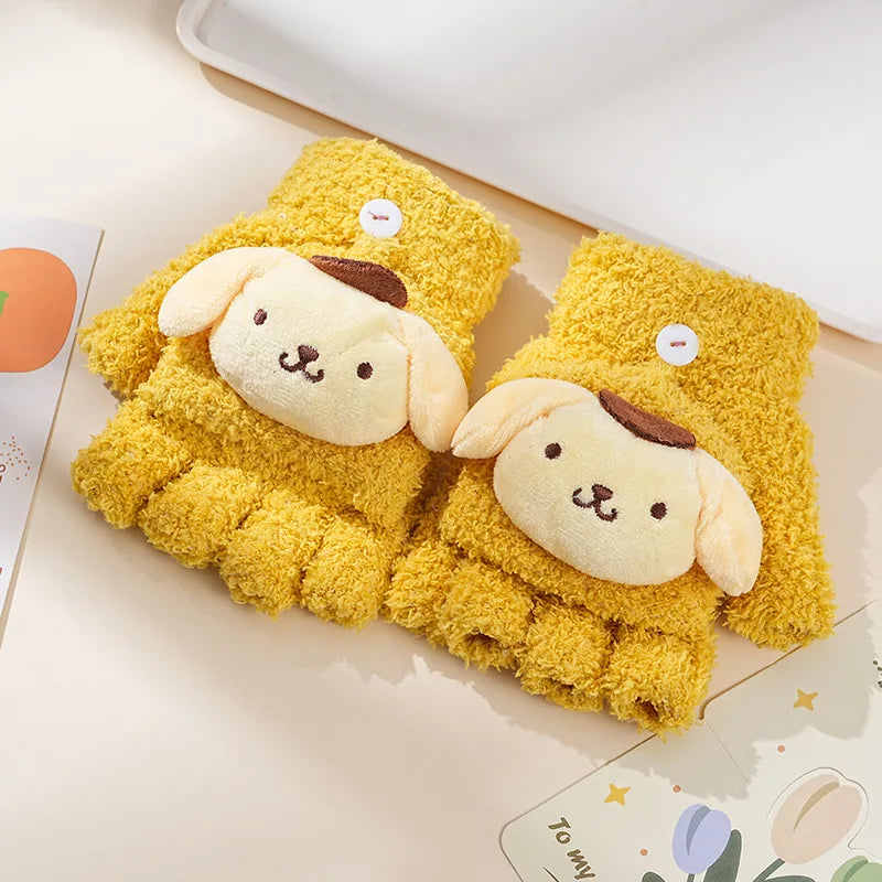 Children's Warm Gloves for Boys and Girls Cartoon Cute Half Finger Knitted Winter Flip Cover Baby Thick Cold Proof Five Fingers