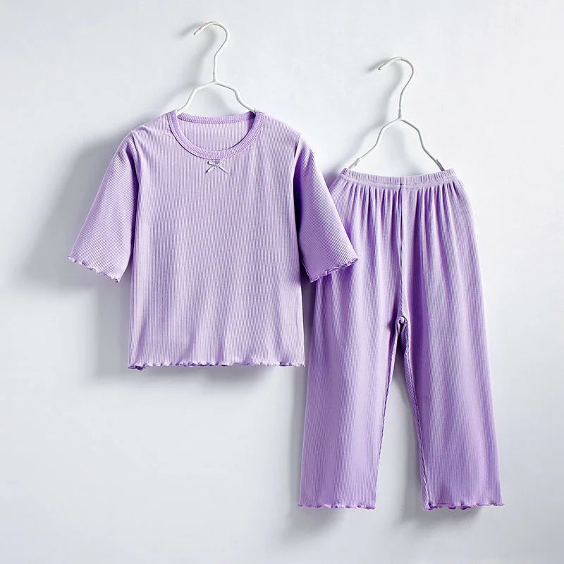 Kids Girls Ice Silk Loungewear Set Sweet Ruffle Sleepwear Soft Breathable Summer Casual Home Pajamas 2 Piece Outfit