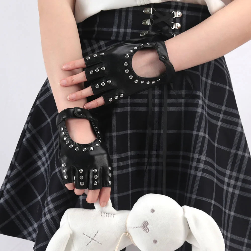 Women Gothic Rivets Finger Less Gloves Wedding Party Breathable Driving Pu Punk Gloves Halloween Night Club Work Cosplay Gloves