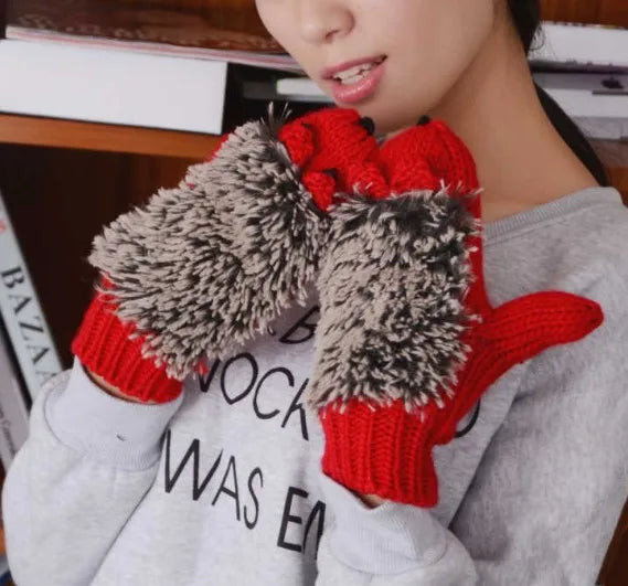 Women's All Finger Cartoon Hedgehog Gloves Cute Girls' Winter Knitted Gloves
