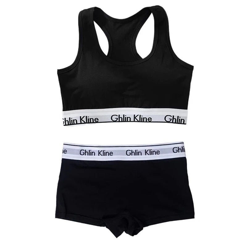 Women's Cotton Sports Bra Set with Padded Underwear And Flat Angle Sports Shorts Comfortable Breathable