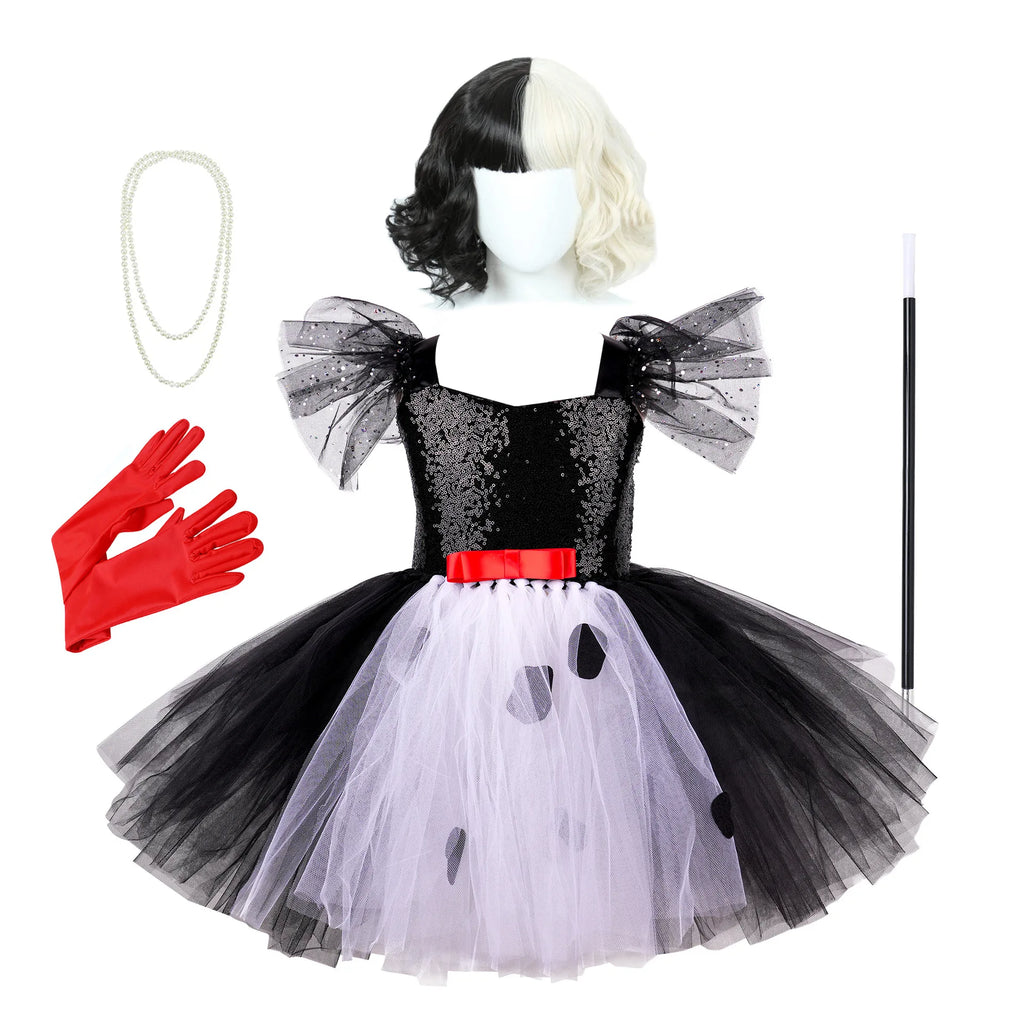 Kids Dress Halloween Costume Role Play Party Outfit Black White Tutu Dresses for Girls Halloween Clothes with Wig