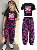 Kids Girls 2 Piece Racing Print Crop Tee & Pink Camo Jogger Pants Set Y2K Streetwear Casual Outfit
