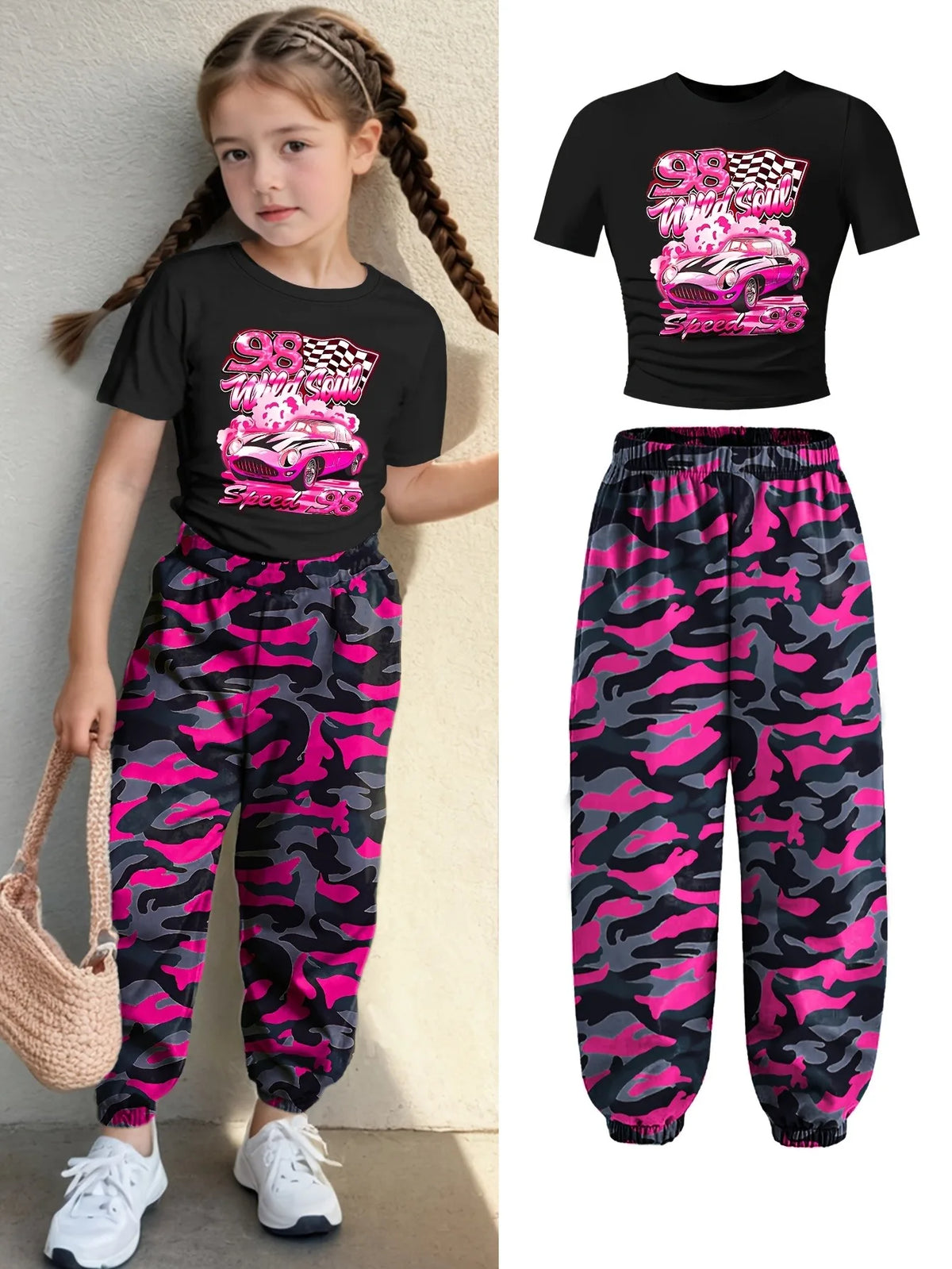 Kids Girls 2 Piece Racing Print Crop Tee & Pink Camo Jogger Pants Set Y2K Streetwear Casual Outfit