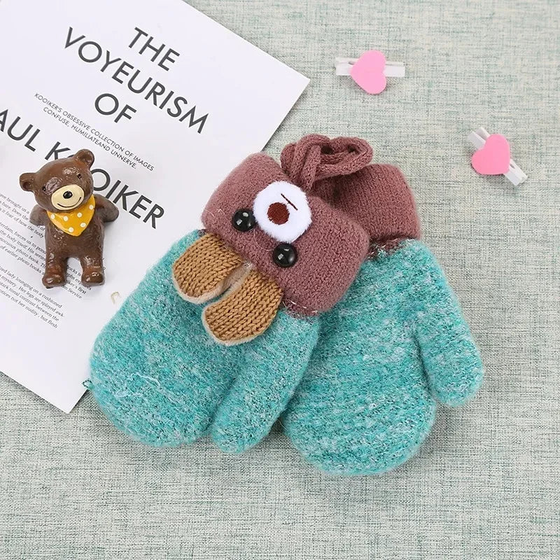 0-3 Year Old Children's Gloves Boys and Girls Cute Little Bear Cartoon Knitted Yarn Gloves Double-layer Thick Keep Warm Winter