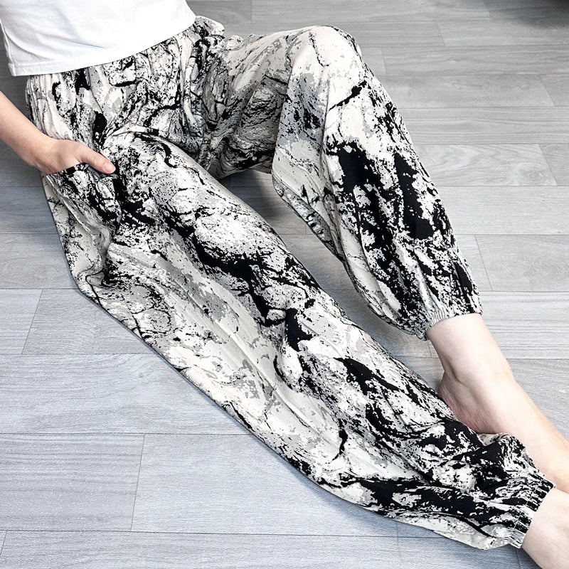 Cool Summer New Silk Cotton Spwear Loose Women's Wide Leg Pants Home Wear Floral Print Heat Resistant Comfortable Casual T...