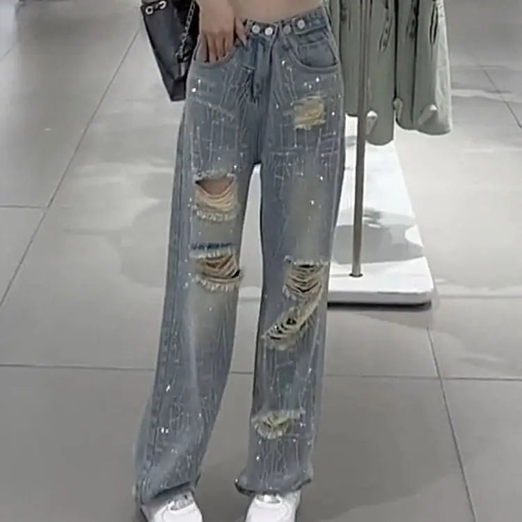 Female Cowboy Pants with Rhinestones Women's Torn Jeans High Waist Shot Wide Leg Trousers Summer Unique Shiny Original Pant 90s
