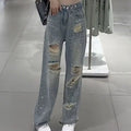 Female Cowboy Pants with Rhinestones Women's Torn Jeans High Waist Shot Wide Leg Trousers Summer Unique Shiny Original Pant 90s