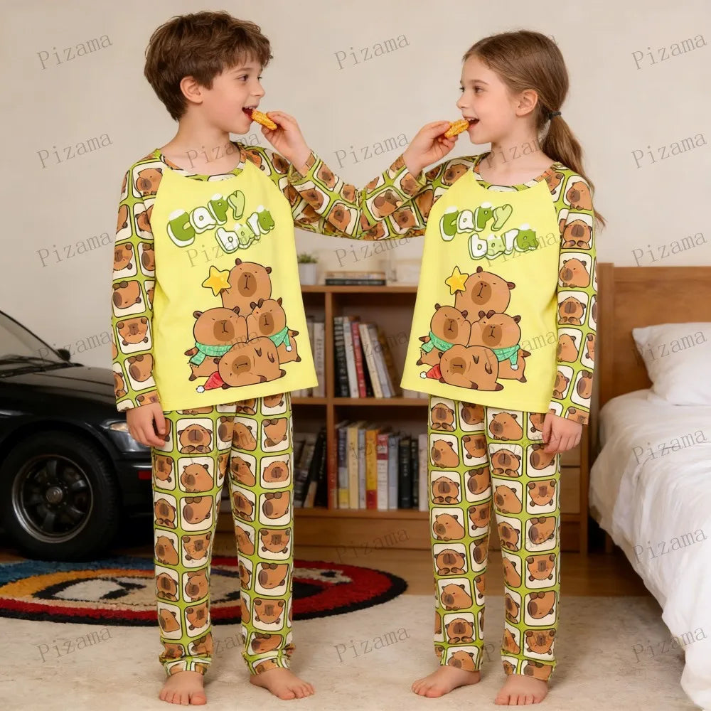 Capibara Kids Pajama Sets Long Sleeve Loungewear with Cute Animal Print Soft Sleepwear for Boys Girls Cartoon Sleepwear Outfit