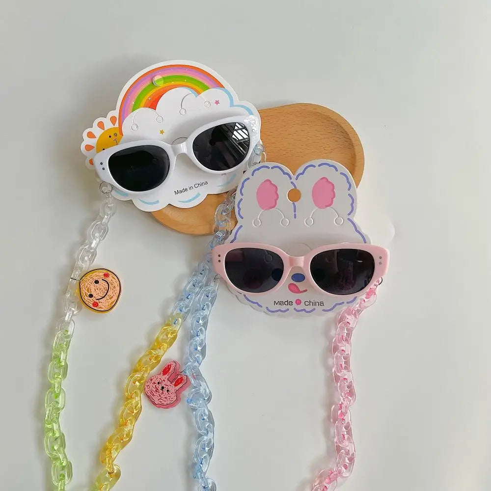 2Pcs/Set Spring Summer Kids Cat Eye Sunglasses Fashion Kawaii Sunscreen Eyeglasses Outdoor with Eyeglass Chains Children Eyewear