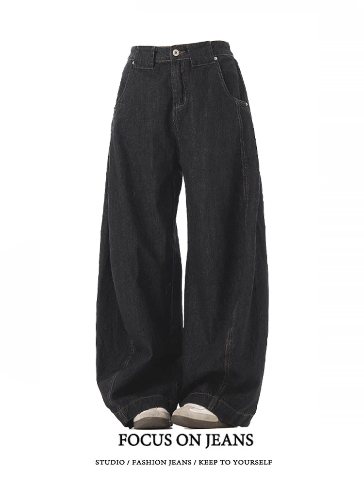American Retro Deconstructed Bla Knife  Jeans Women's Loose Silhouette Wide Leg Floor Length Trousers Casual High Waist...