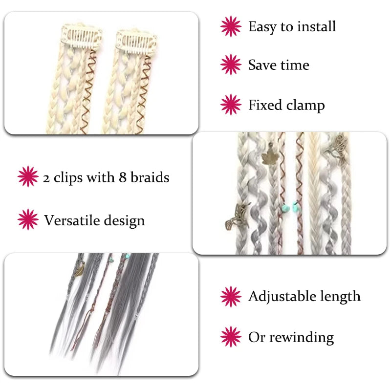 Wig with 4 small braids and hair extensions for women paired with Bohemian style BB clip on synthetic boxing braids