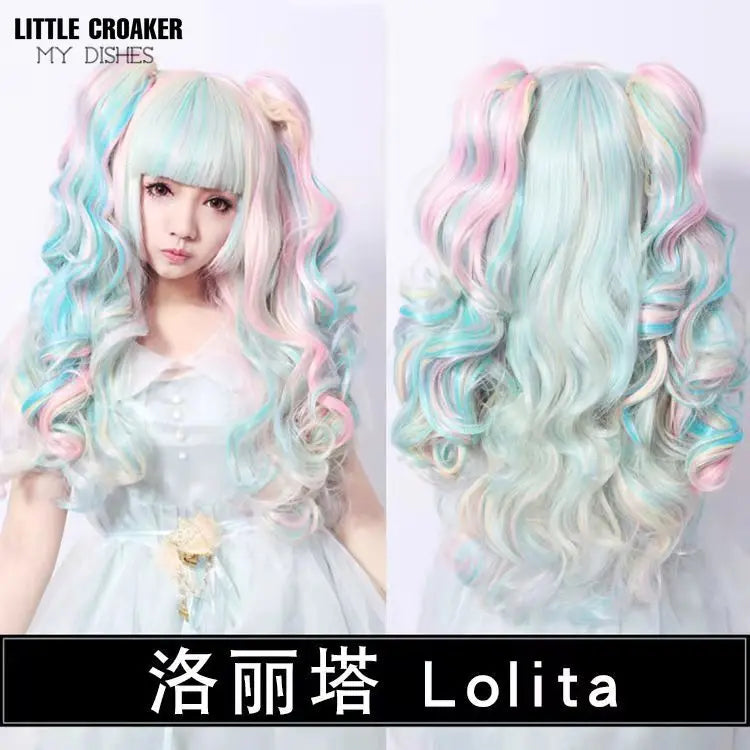 Long Wavy Anime Cosplay Lolita Wig Blue Blonde Pink Ombre Two Ponytails Girls Kawaii Anime Accessories Wigs for Women