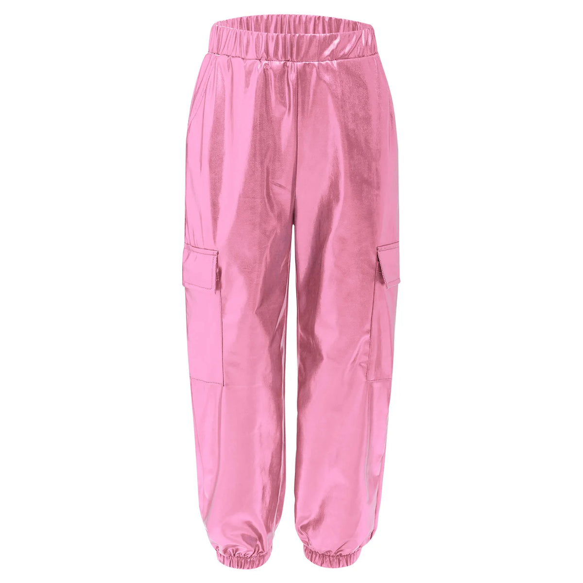 Kids Boys Girls Metallic Shiny Cargo Pants Fashion Children Holographic Trousers Teens Hip-Hop Pants Street Jazz Dance Costume