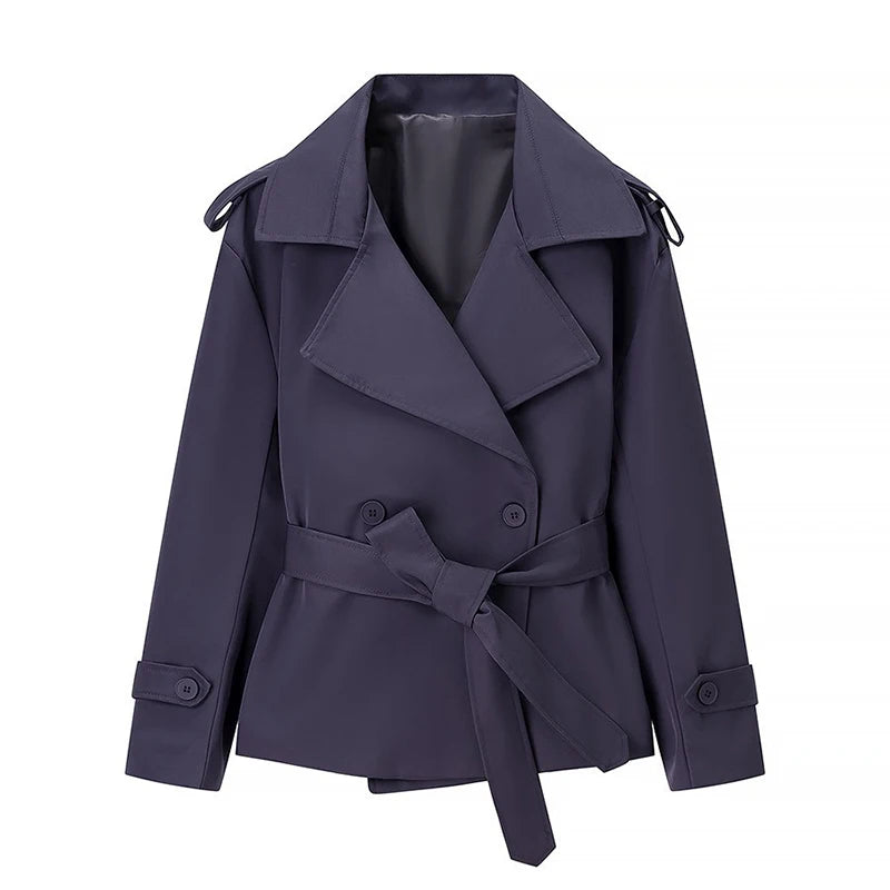 Elegant Lapel Lace Up Women's Windbreaker Solid Loose Full Sleeve Belt Double Breasted Coats Female 2026 Spring Female Jackets