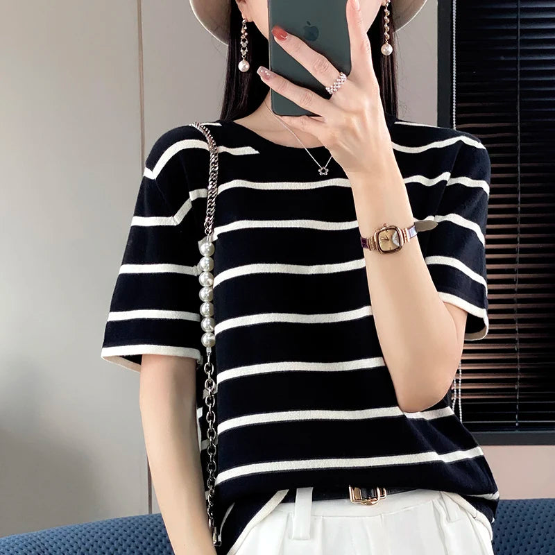 WinvyNee Summer Women 100% Cotton Striped T Shirt Women Clother Tops Short Sleeve O neck Sweater Casual Basic Pullover A1092006