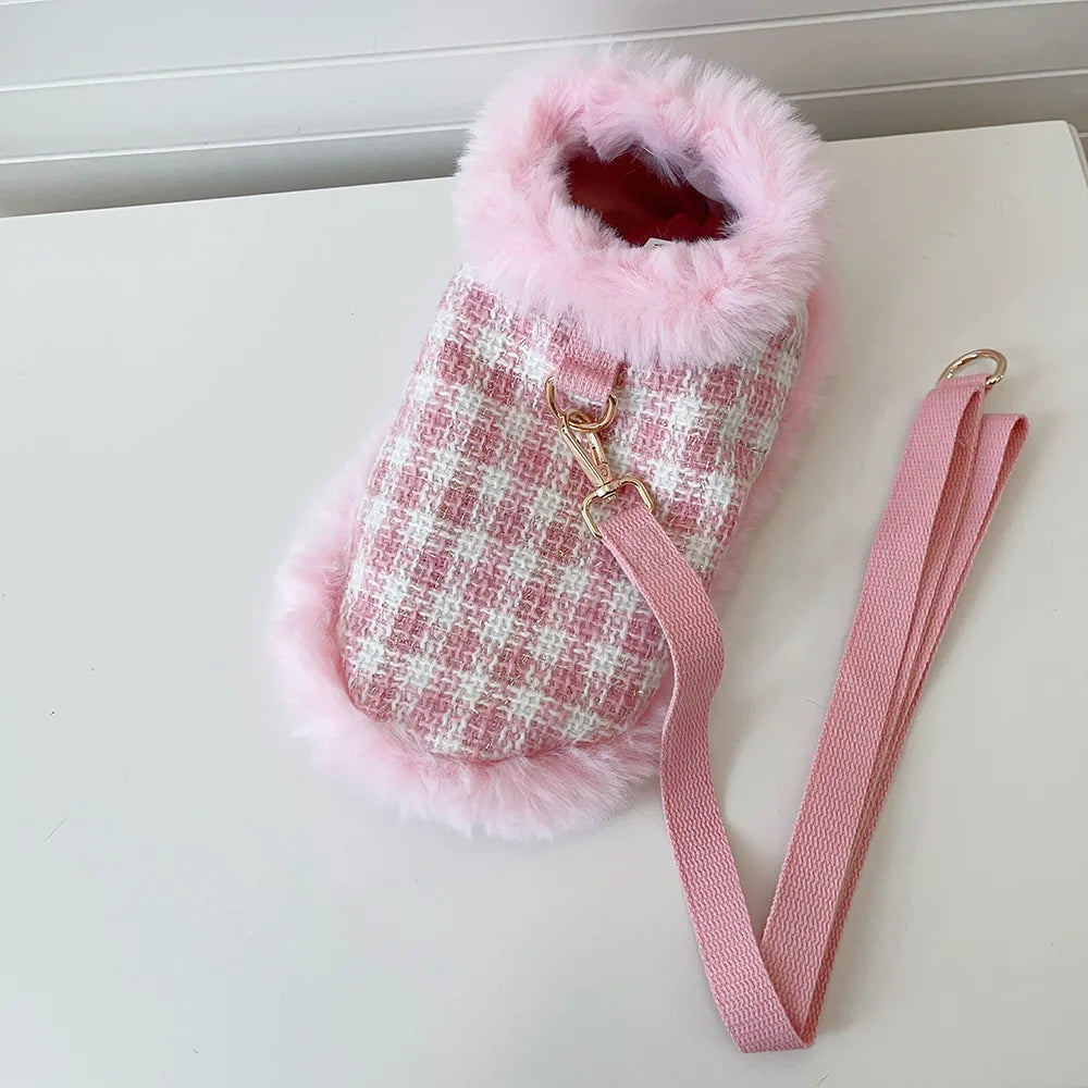 Ins Pet Plaid Woolen Dogs Coat Cloak Pet Supplies  Princess Dog Clothes  Dog Harnesses With Rope For Small Dog