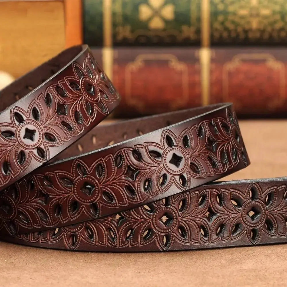 Women Leather Belts for Woman Belt Vintage Pin Buckle Strap Jeans Hollow Belt