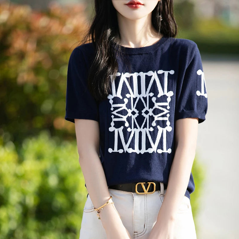Women's T-shirt Summer New 100% Cotton Sweater Short Sleeve Knitted Embroidered Round Neck Women's Top Loose Fashion Pullover