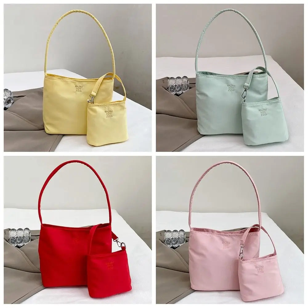 Korean Style Nylon Tote Bag Handbag Large Capacity Embroidery Letter Underarm Bag All-match Pure Color Cloth Shoulder Bag Travel
