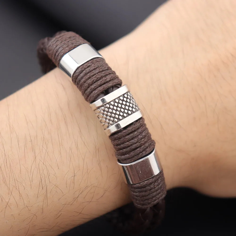 New Leather woven metal bracelets for men and women personality handmade jewelry fashion accessories men's jewelry gifts