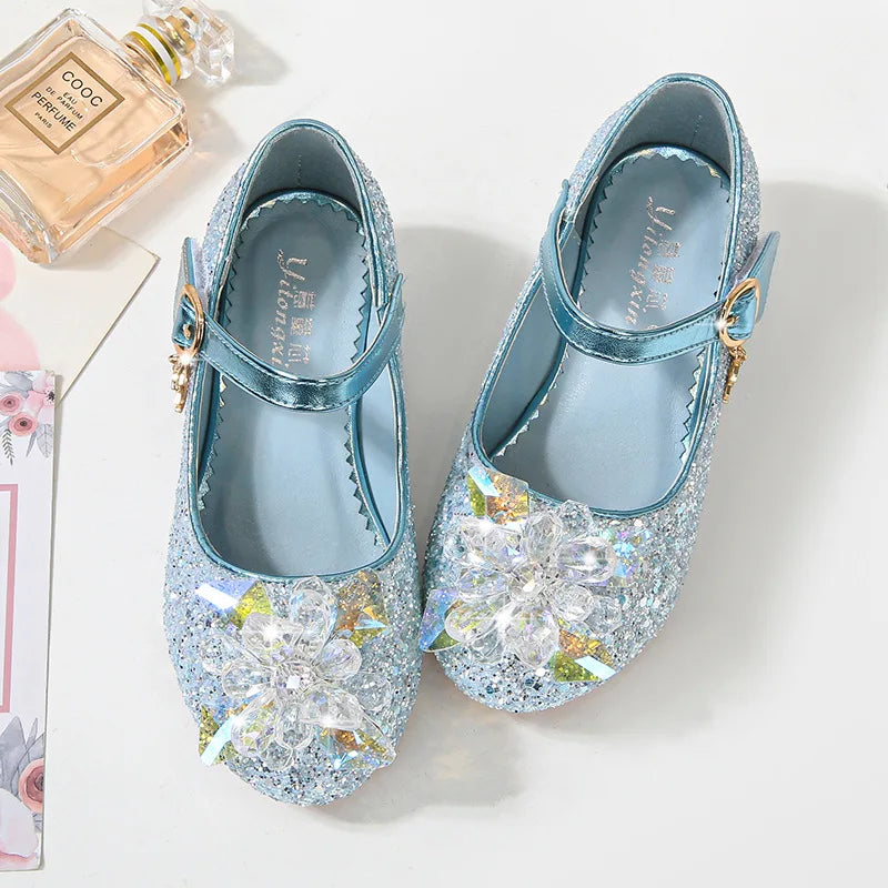 Kids Causal Shoes Wedding Party Children's High Heels Princess Shiny Crystal Flower Girls Leather Shoes Pink Blue Sliver 23-38