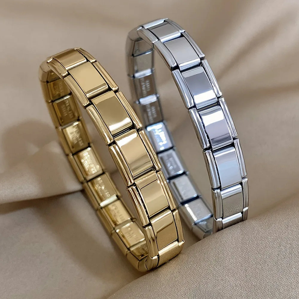 Men's Women's Jewelry DIY 9MM Width Italian Elastic Charm Bracelets Gold Silver Solid Color Stainless Steel Fashion Bangle Basic