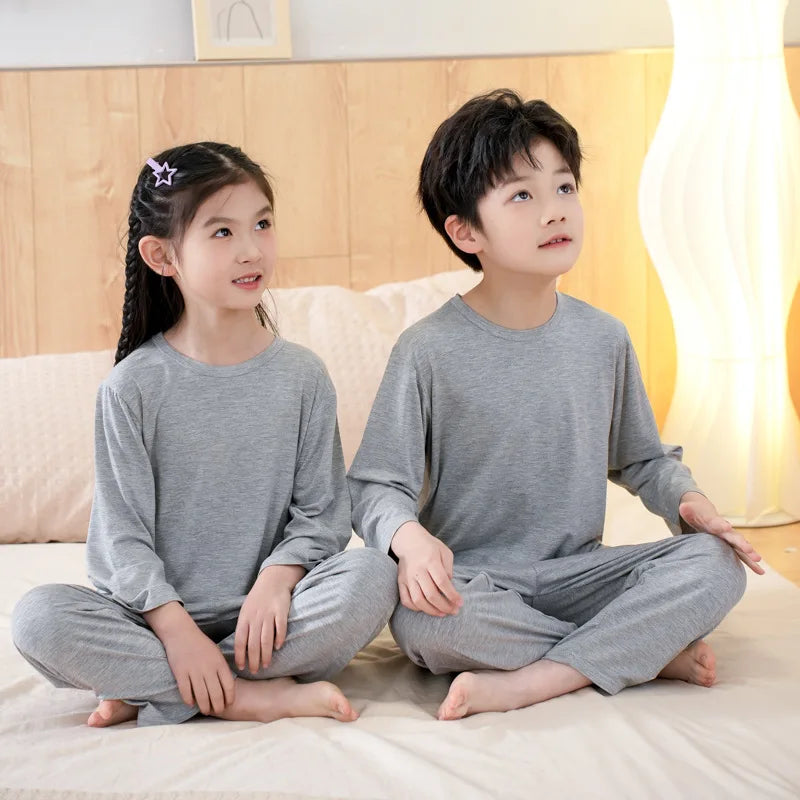Pajamas Set for Kids Spring Summer Thin Long Sleeve Casual O-neck Children Sleepwear Two Pieces Modal Cotton Boys Girls Homewear