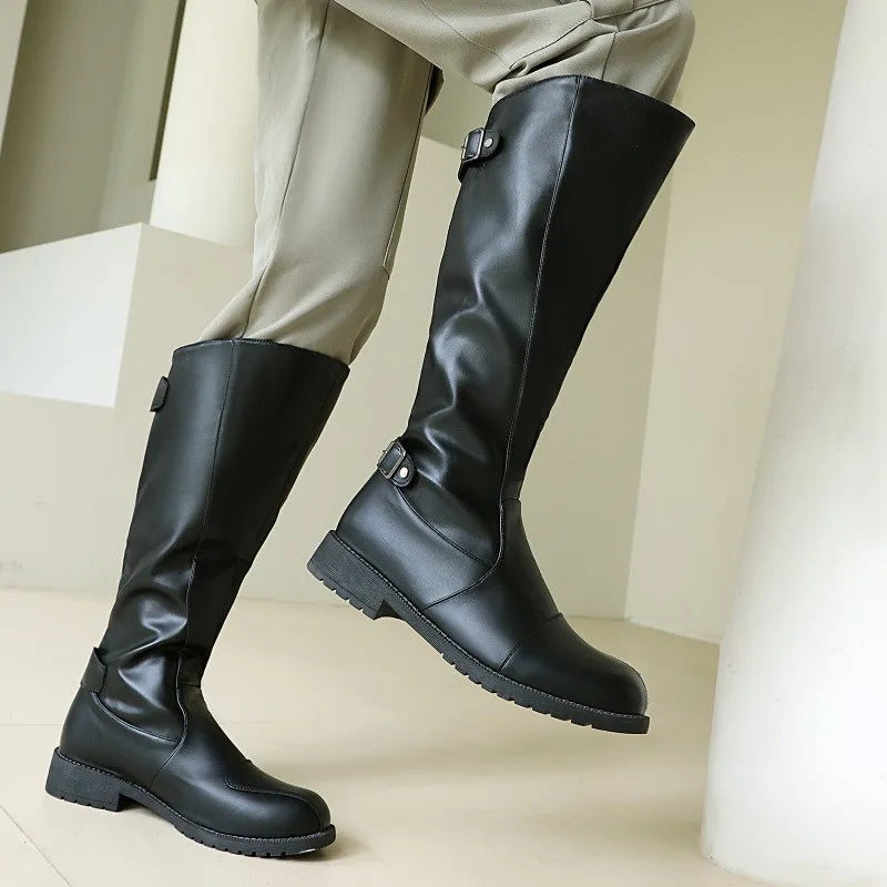 Men Knee High Boots Belt Buckle Long Boots Round Toe Thick Heel Mid-Calf Boots Fashion Motorcycle Boot Zipper Leather Men Shoes