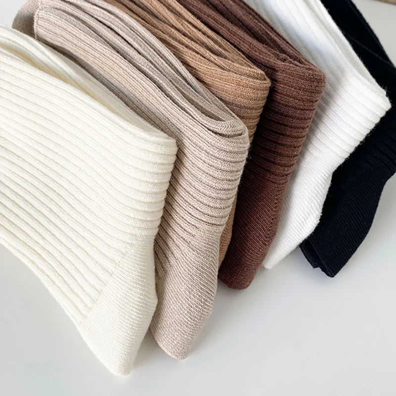 5Pairs Solid Color Women Mid Length Socks  Women's Casual Cotton Socks Autumn Simple Women's Medium Length Socks