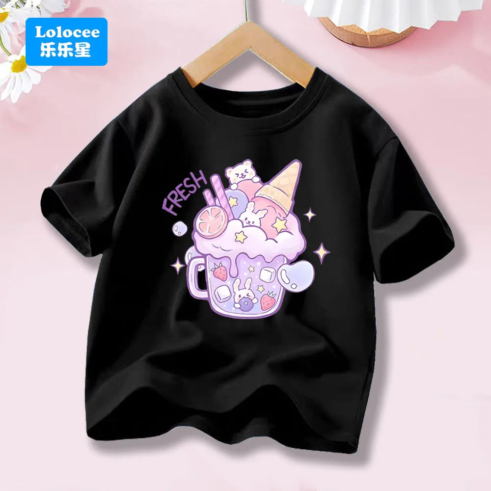 Kids' Short Sleeve Cartoon T - Shirt Fresh Dessert & Animals  Cartoon Print Casual Top Kawaii Summer Clothes  YLXX1