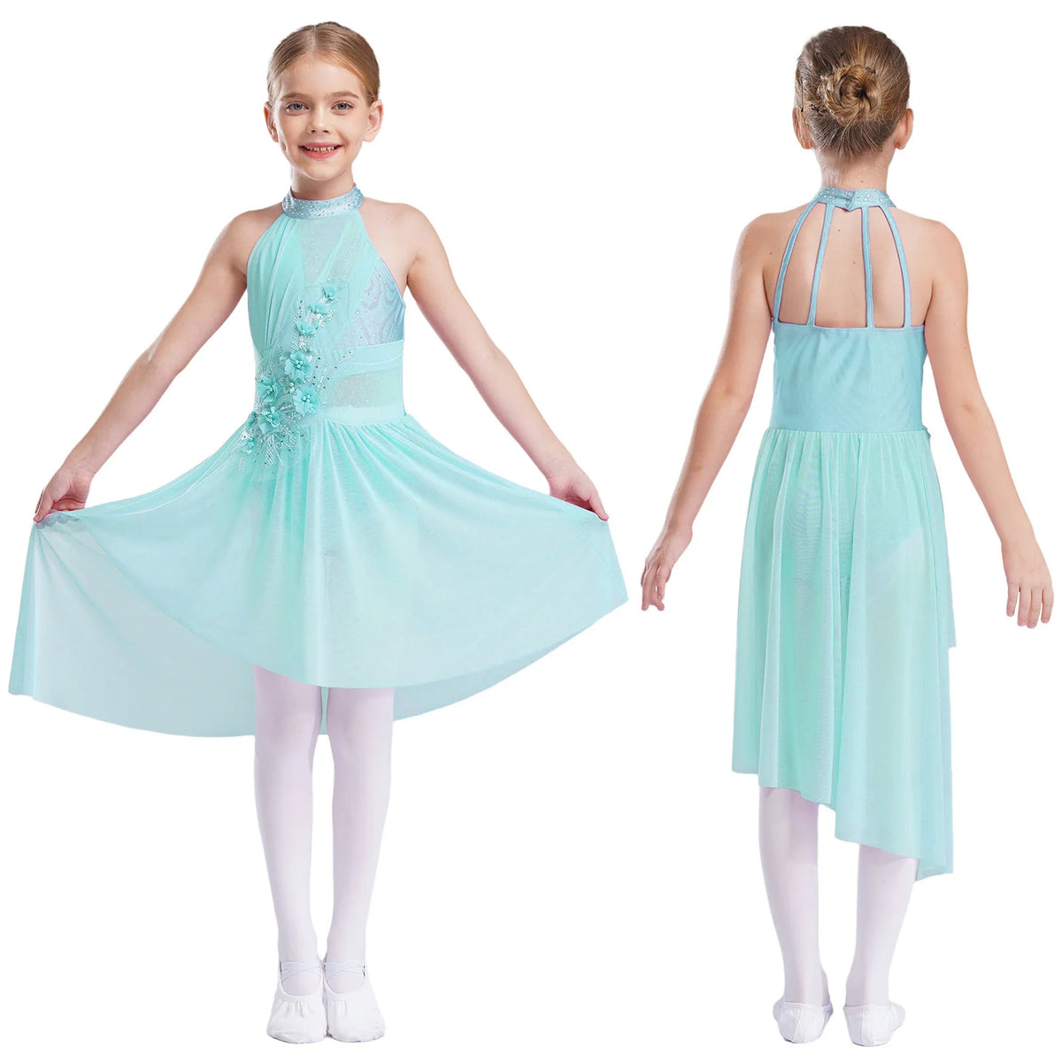 Kids Girls Ballet Lyrical Contemporary Dance Dresses Gymnastics Artistic Skating Costume Shiny Sparkly Rhinestones Tutu Dress