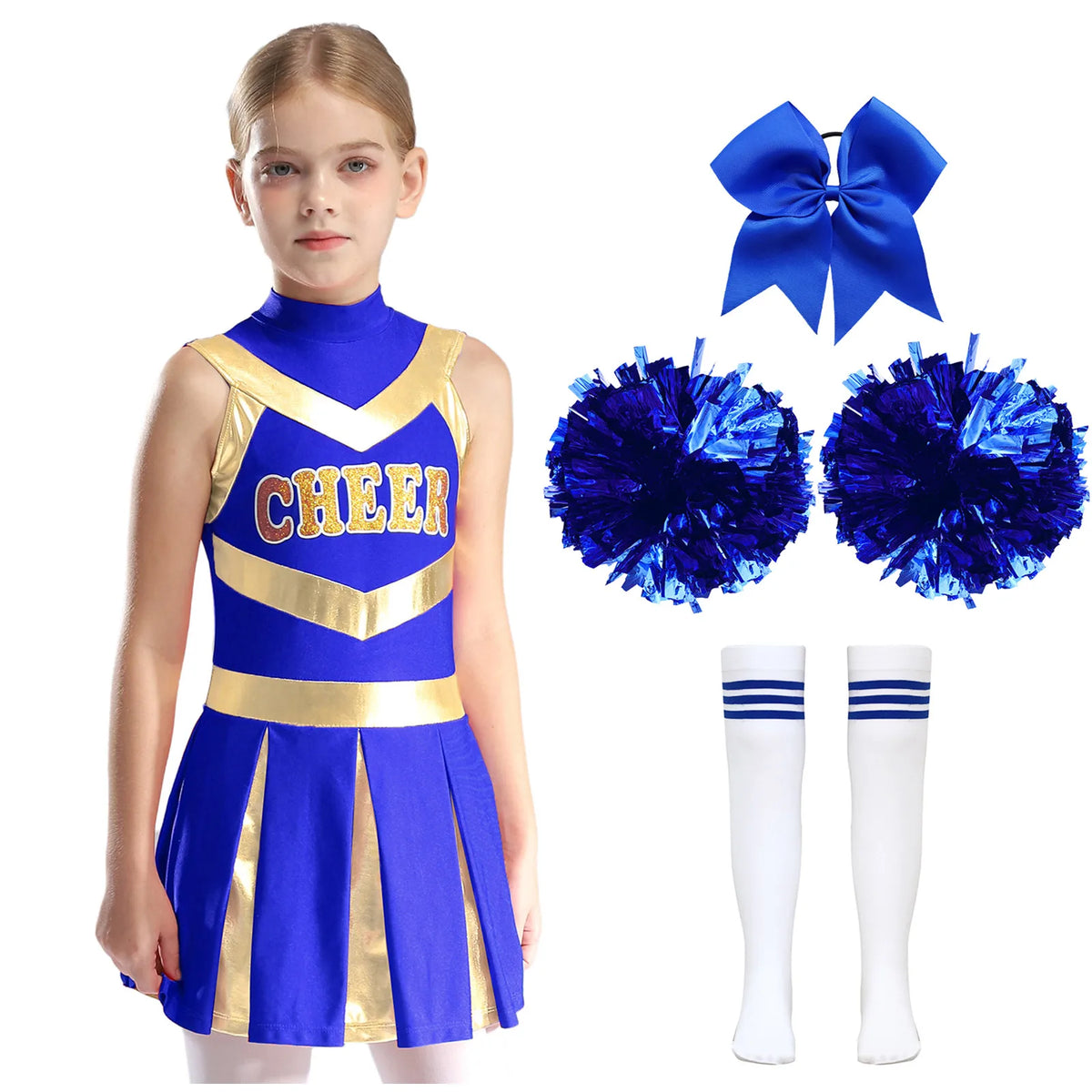 Kids Girl Cheerleading Dance Performance Costume Sleeveless Leotard Dress for School Show Sports Meeting Halloween Cosplay Party