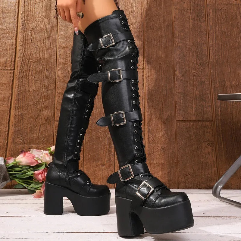 Fashion Boots Women Autumn and Winter New Niche Round Toe Platform Lace-up Buckle Women's Long Boots