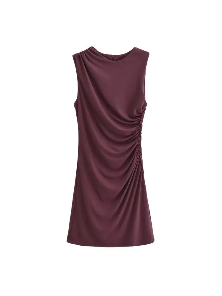 Women's Draped Mini Dress, O Neck, Sleeveless, Back Zipper, Female Dresses, Sexy Fashion