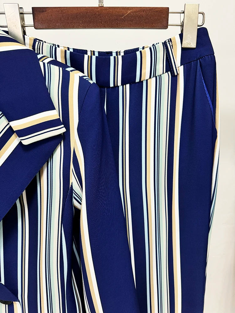 HIGH STREET Newest Fashion 2026 Designer Runway Suit Set Women's Colorful Striped Blazer Jacket Flare Pants Set 2pcs