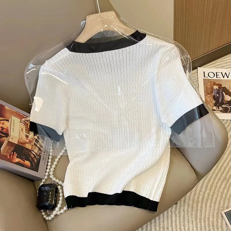 Summer Knitted T-Shirt Women's Round Neck Short Sleeve Loose Sweater Luxury Designer Rose Flower Embroidered Top Women's Clothes