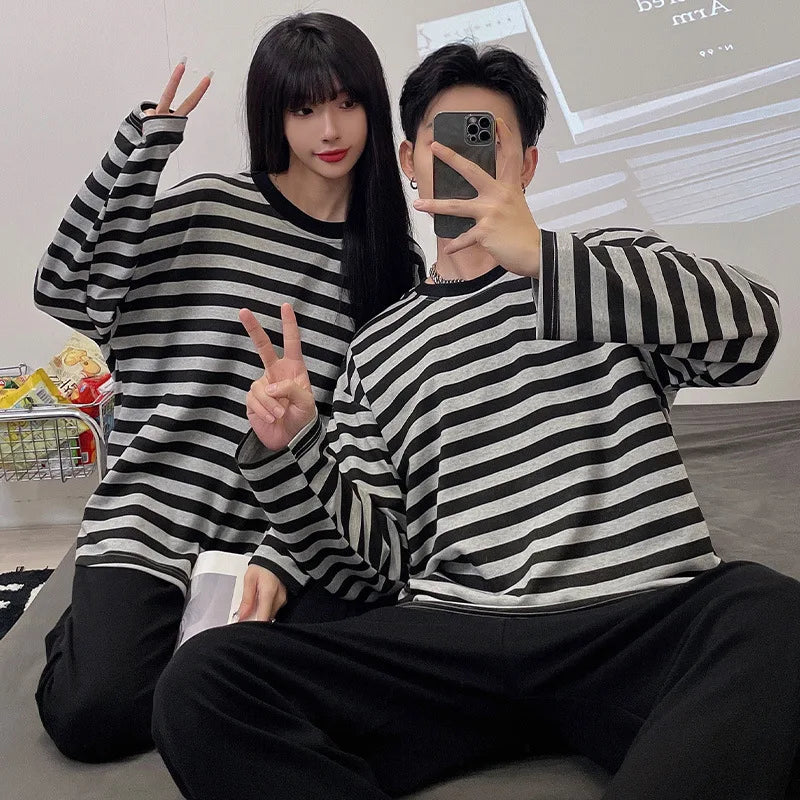 Cartoon Cute Pajamas Set For Women Men Cotton Couples Homewear Autumn Spring Long Sleep Tops Pant Nightwear Mujer hombre