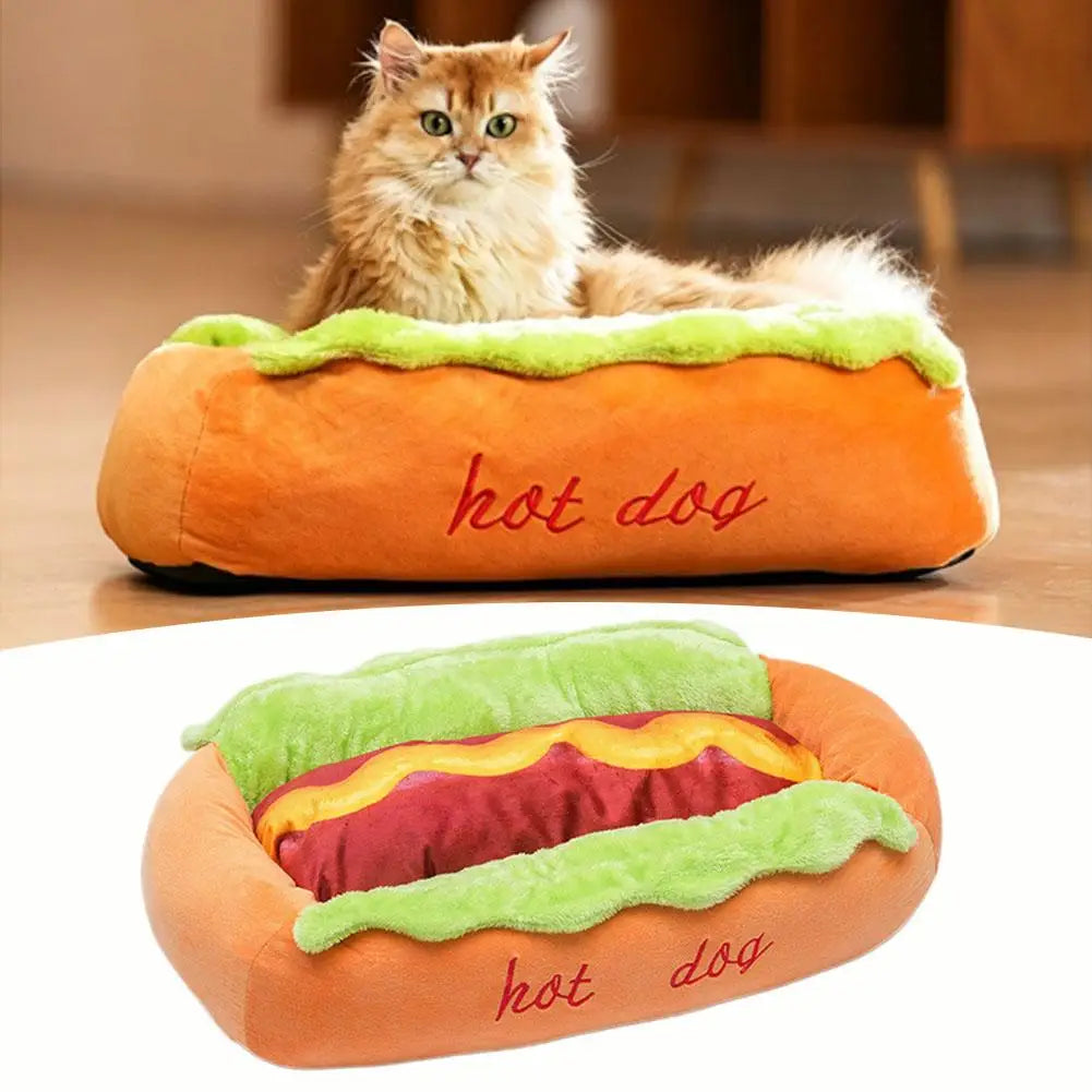Cute Hot Dog Pet Bed Soft Fleece Sleeping Cushion Raised Edge Warm Cozy Indoor Bed for Small Dogs Puppies and Cats